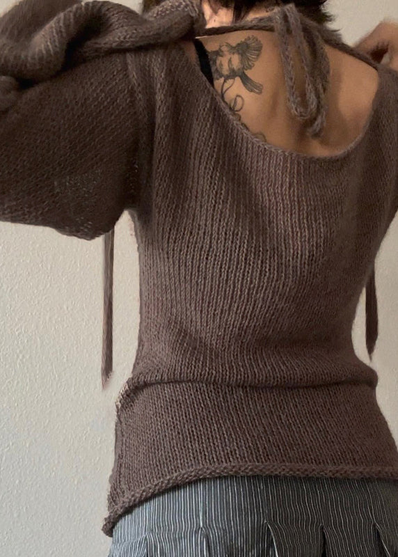 European and American Coffee Backless Lace Up Flared Sleeve Knit Top