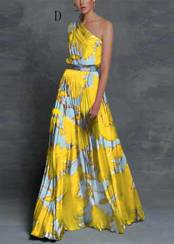 New One Shoulder Print Wrinkled Chiffon Dress Summer