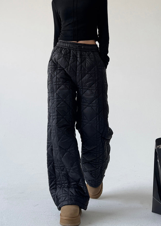 Diy Black Elastic Waist Plaid Fine Cotton Filled Pants Spring