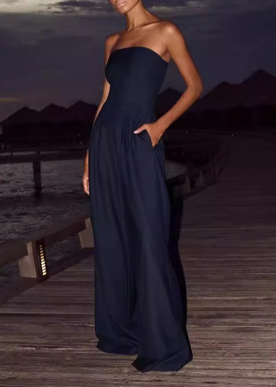 Stylish Black Strapless Backless Pockets Cotton Jumpsuits Summer