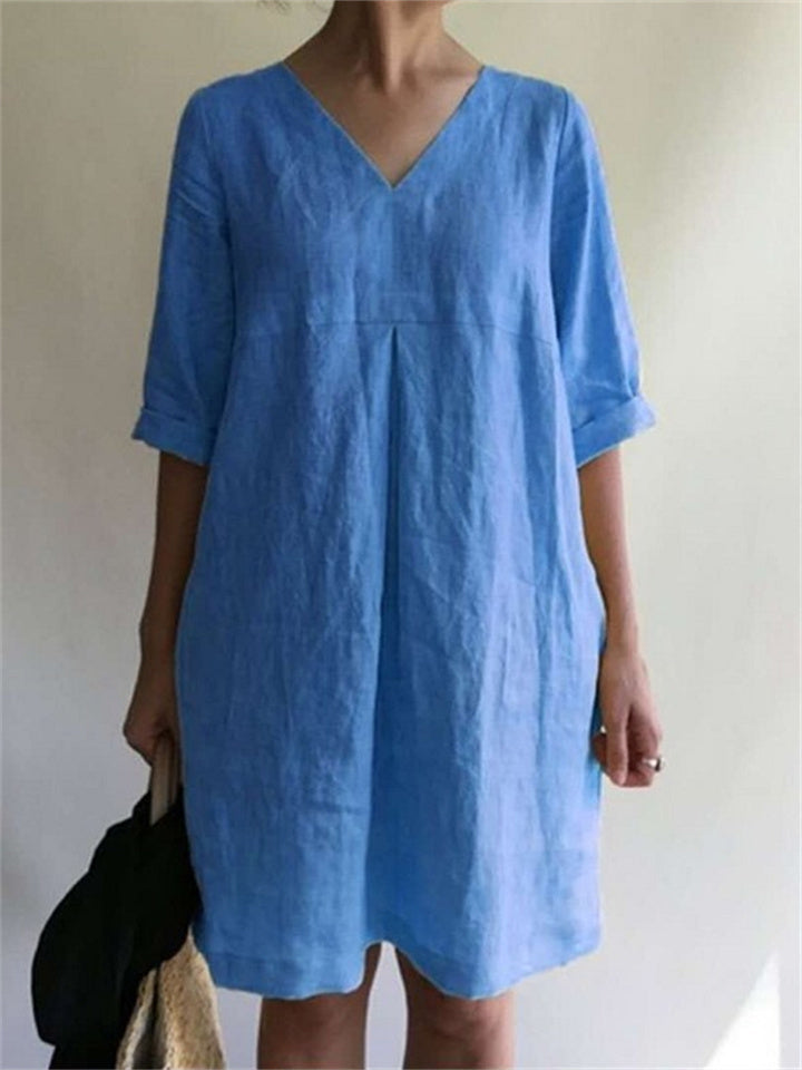 V-neck Color Cotton Linen Loose Dresses