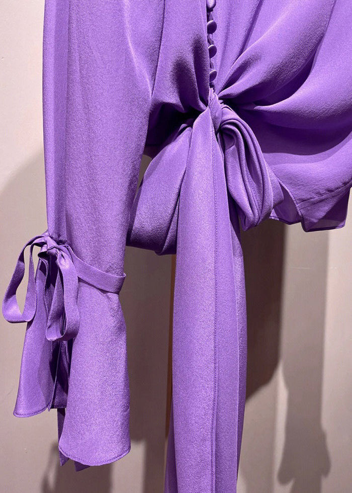 Purple Asymmetrical Tie Waist Shirt Fall