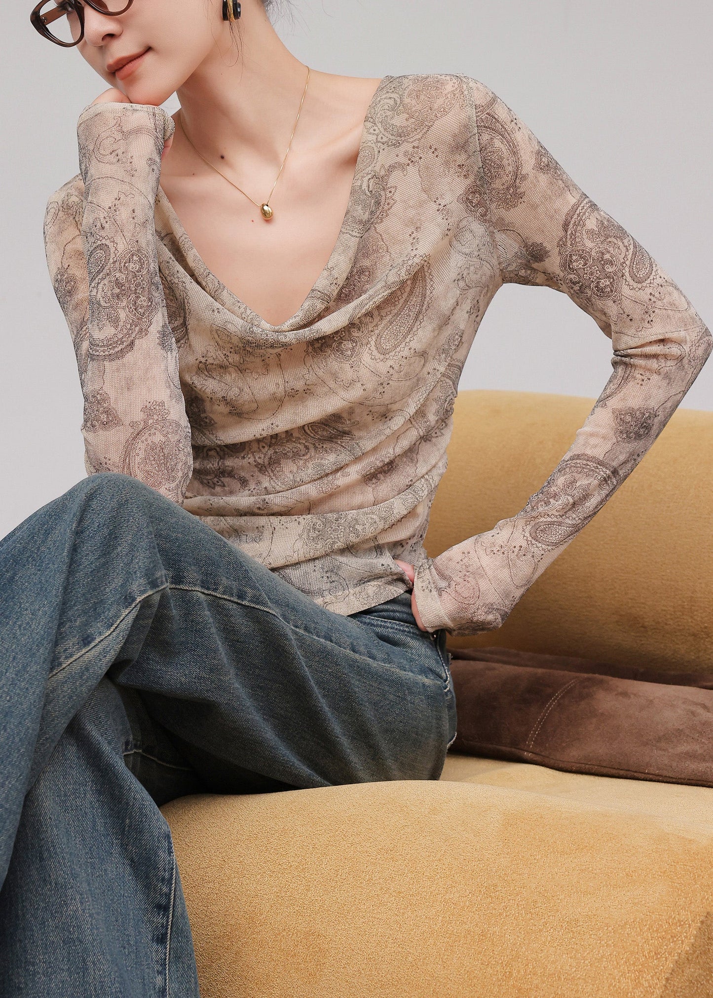 New Light Coffee Printed Irregular T-shirt Top With Long Sleeves
