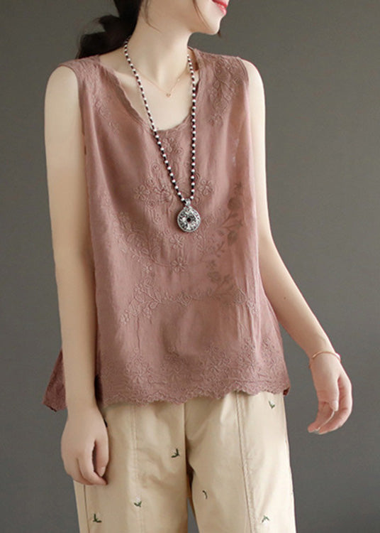 Skin Pink Embroidered Cotton Vest Sleeveless