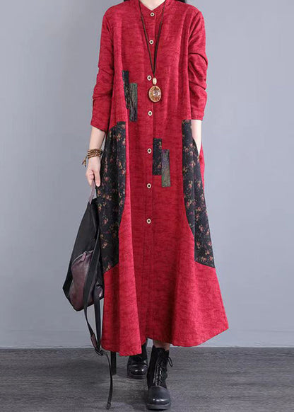 Red Print Pockets Patchwork Cotton Long Dress Button Fall