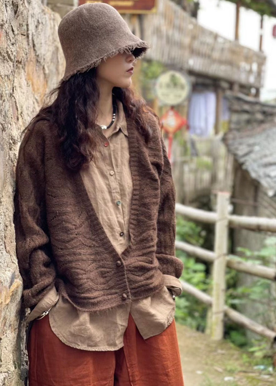 Chocolate Retro V Neck Button Fall Wool Knit Coat