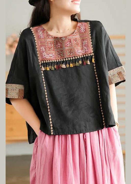 Black Embroidered Linen T-shirt