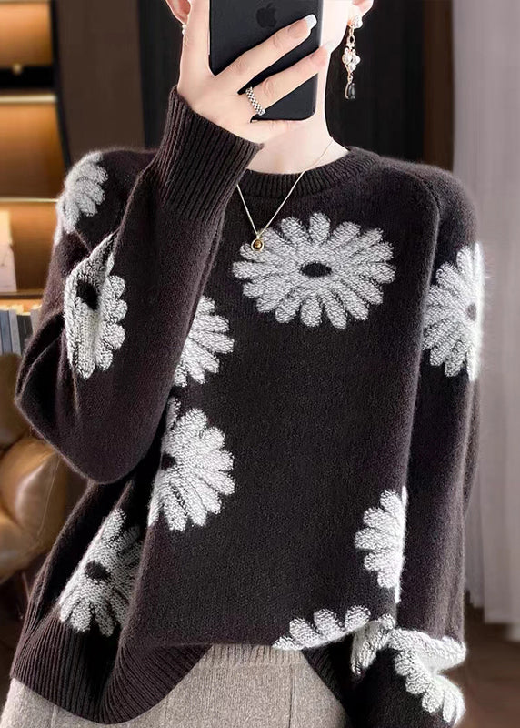 Loose Coffee O-neck Print Wool Knit Sweaters Fall