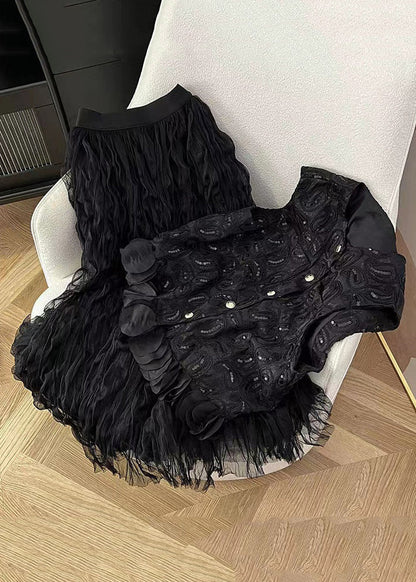 Black Sequins Waistcoat Tops and Skirts Two Pieces Set Sleeveless