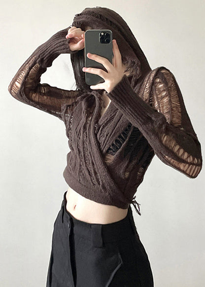 Handmade Coffee Hole Knit Hooded Top Long Sleeve