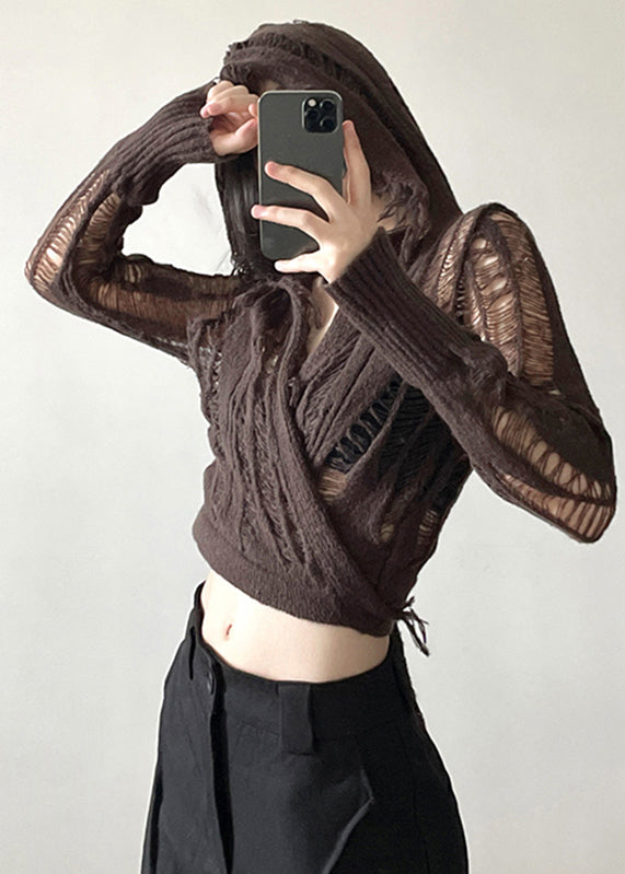 Handmade Coffee Hole Knit Hooded Top Long Sleeve