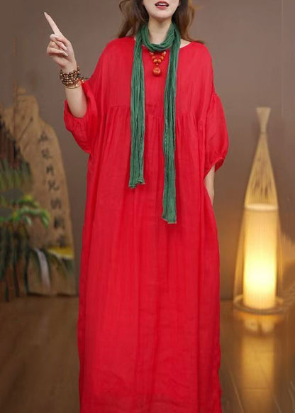 Loose Red Pockets Cotton Long Dress Bracelet Sleeve