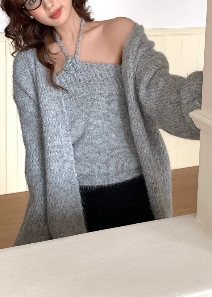 Grey Halter Knit Cardigan Two Pieces Set Winter