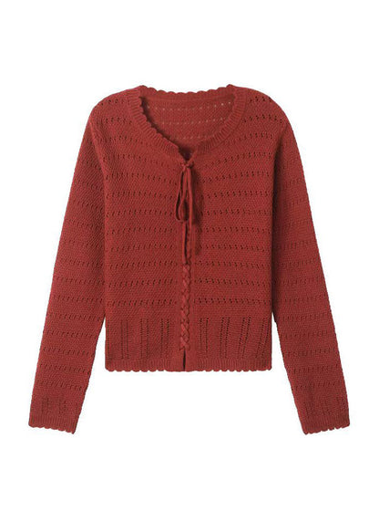 Red O Neck Hollow Out Lace Up Knit Shirt Top Fall