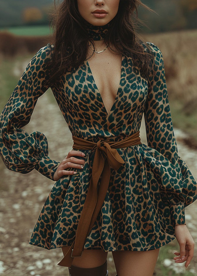 Green Leopard V Neck Print Cotton Mini Dress Lantern Sleeve