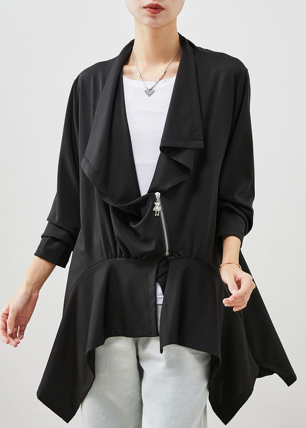 Black Asymmetrical Patchwork Cotton Cardigan Spring
