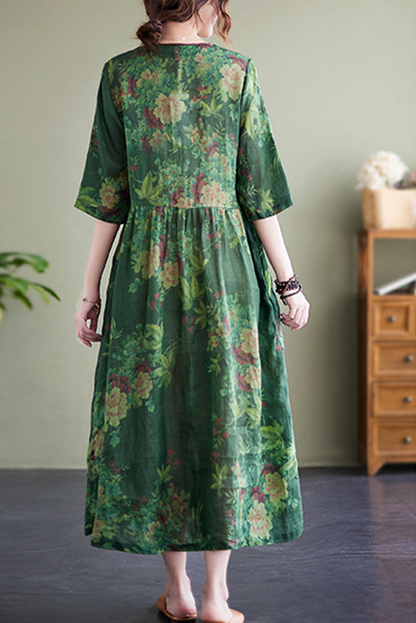 -new Green Dress Ramie Print Maxi Dress