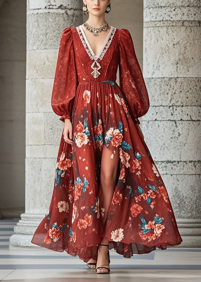 Red V Neck Chiffon Dresses Fall