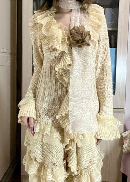 Diy Beige Asymmetrical Patchwork Flower Decorated Knit Jackets Fall