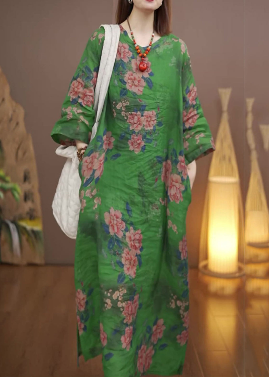 Green O-neck Print Long Dress Fall