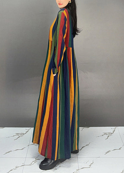V Neck Ruffled Striped Cotton Long Dresses Fall