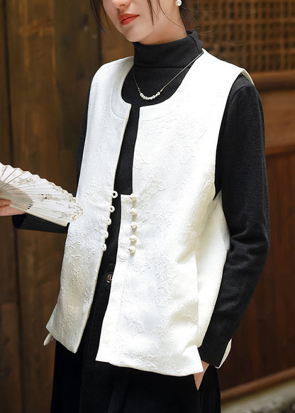 Handmade White U Neck Jacquard Silk Vest Sleeveless