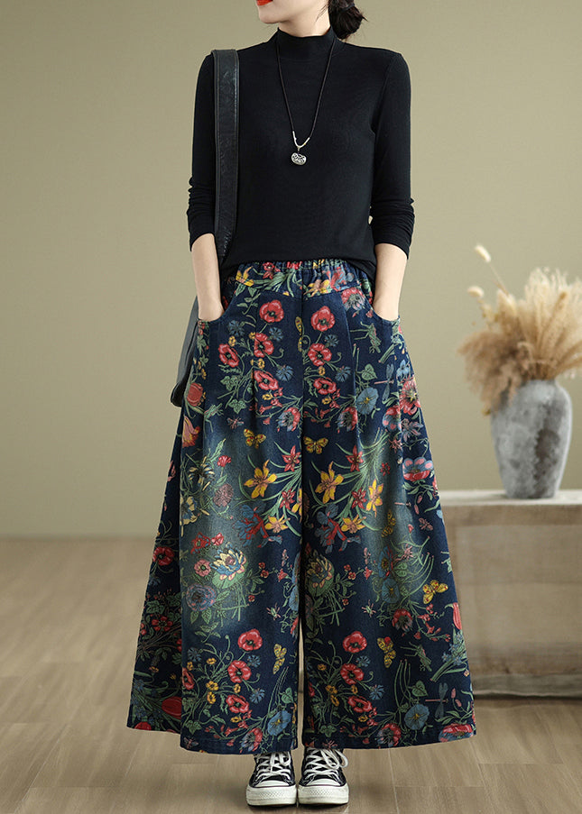 Navy Oversized Print Denim Wide Leg Pants Summer