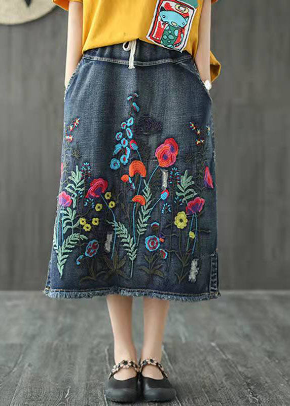 Dark Blue Embroidered Tasseled a Line Summer Skirts Denim