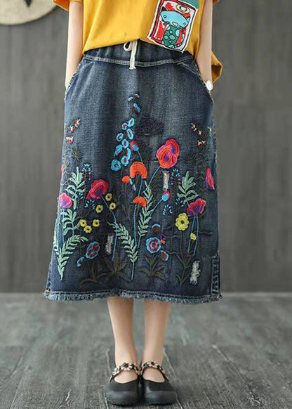 Dark Blue Embroidered Tasseled a Line Summer Skirts Denim