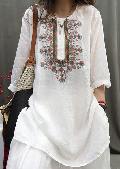 Retro Black O-neck Embroidered Side Open Shirt Half Sleeve