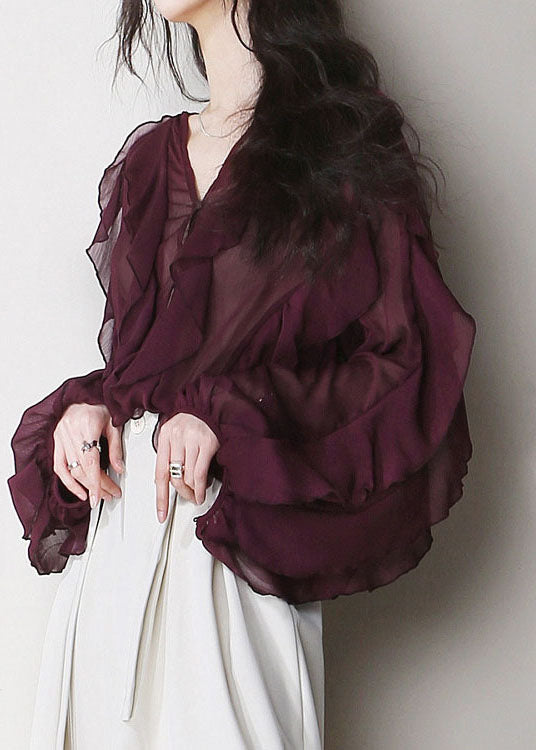 Mulberry V Neck Ruffled Patchwork Chiffon Blouses Summer