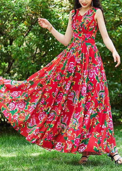 Red Print Exra Large Hem Chiffon Dresses Sleeveless
