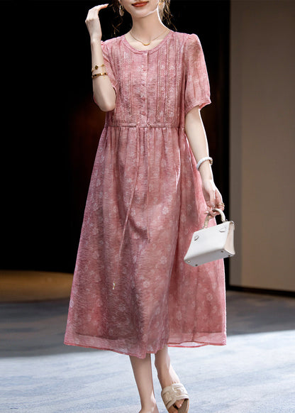 Loose Dark Pink O-neck Print Wrinkled Silk Long Dress Short Sleeve