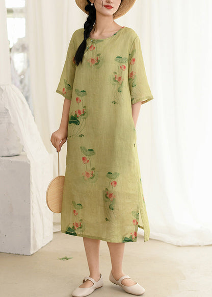 New Pink O Neck Print Linen Long Dress Summer