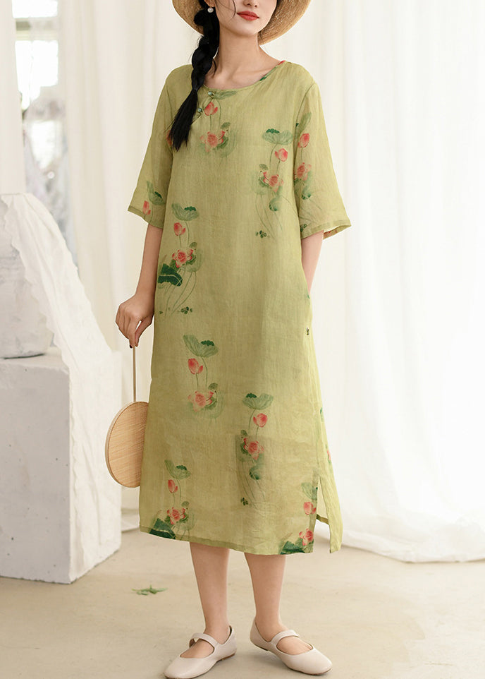 New Pink O Neck Print Linen Long Dress Summer