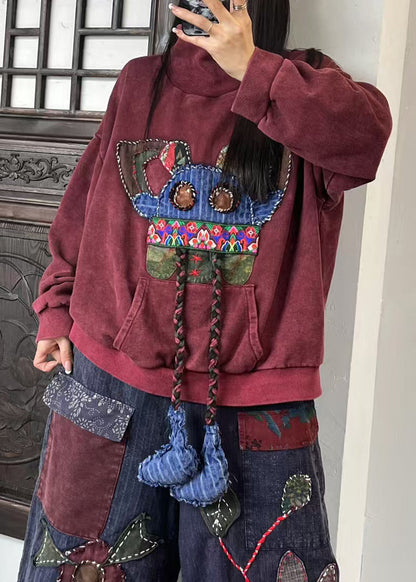 Mulberry Hign Neck Embroidered Cotton Sweatshirts Spring
