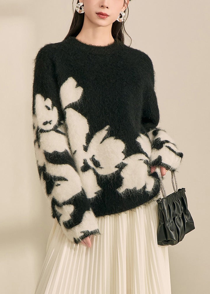Modern Black O-neck Print Cotton Knit Cardigan Spring