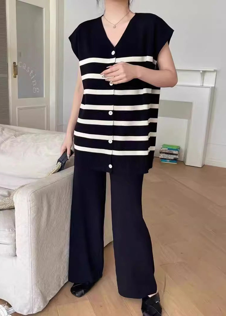 Loose Apricot V Neck Striped Knit 2 Piece Outfit Summer