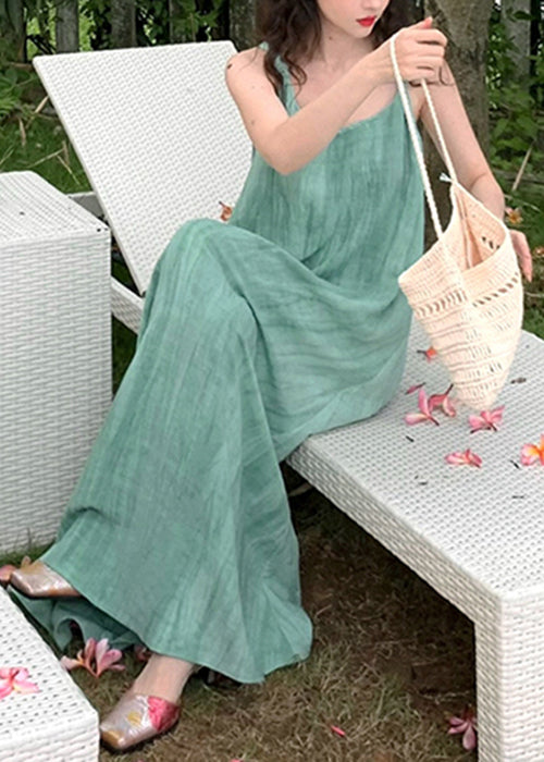 Green U Neck Wrinkled Linen Long Dress Sleeveless