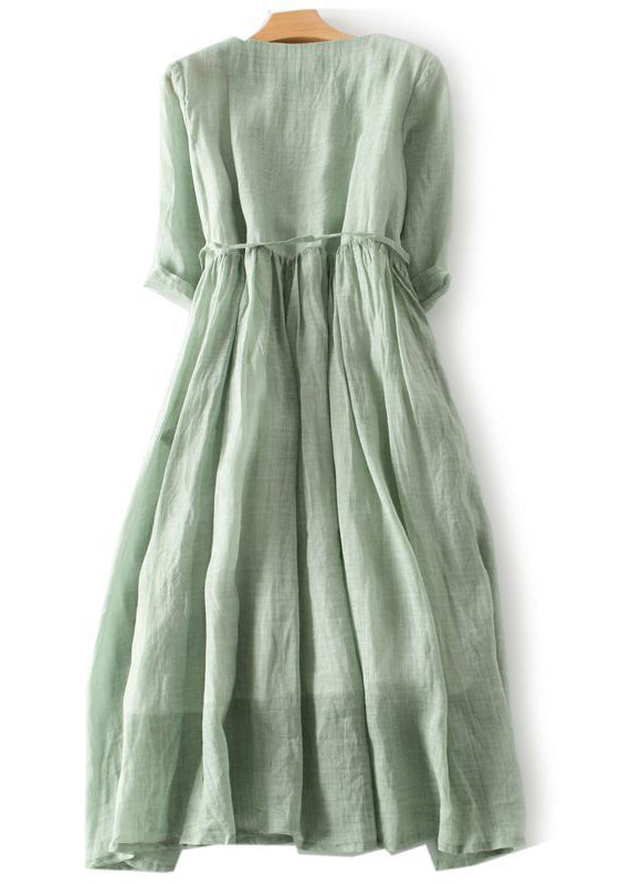 Green Ruffled Button Tie Waist Cotton Long Dress Half Sleeve