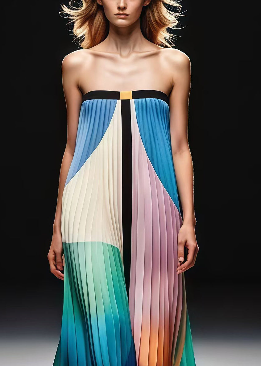 Gradient Color Print Wrinkled Chiffon Strapless Dress Summer