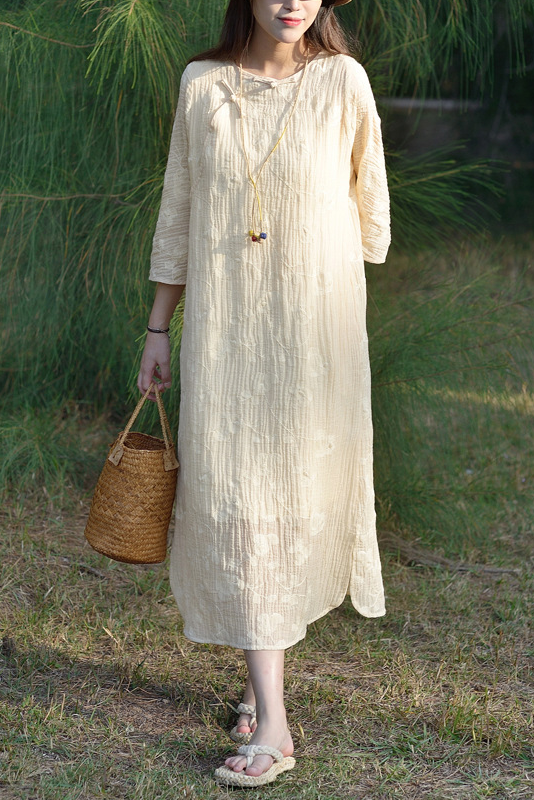 Summer Ramie Embroidered Dress Apricot Texture Maxi Dress