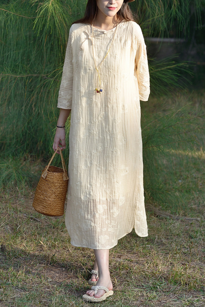 Summer Ramie Embroidered Dress Apricot Texture Maxi Dress