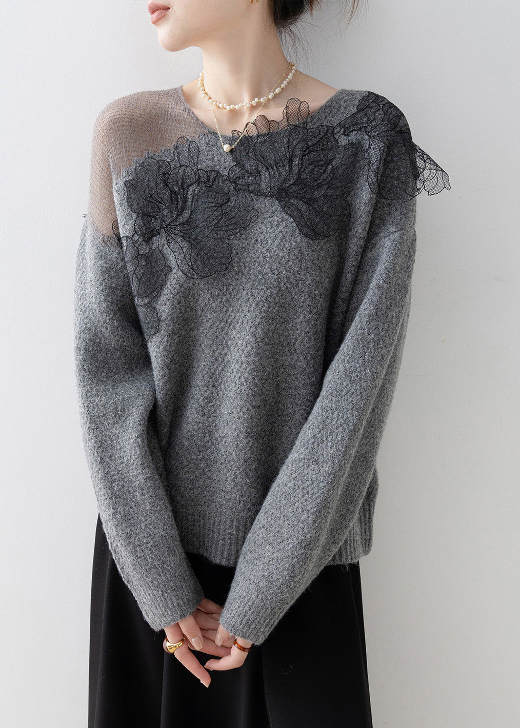 Original Design Grey O-neck Knit Sweaters Spring
