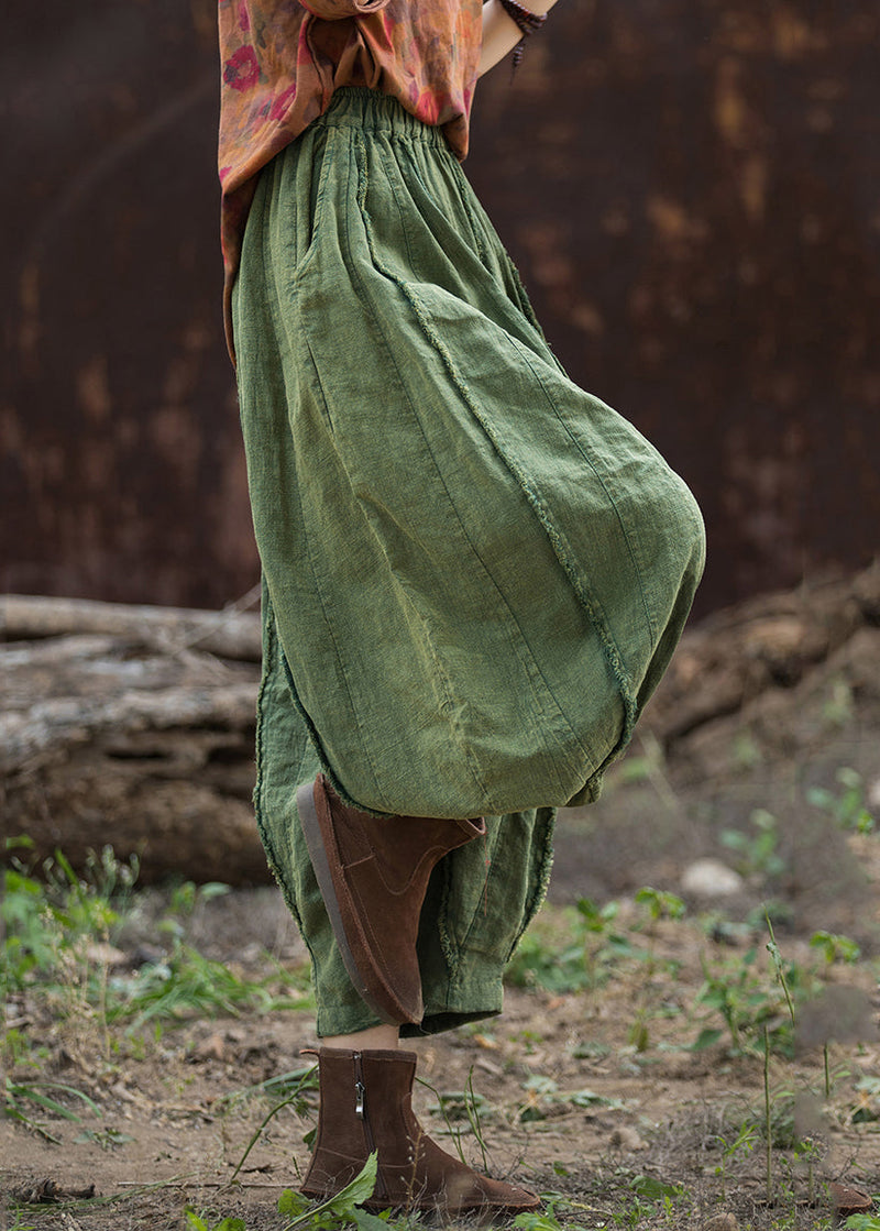 Green Linen Wide Leg Pants Elastic Waist