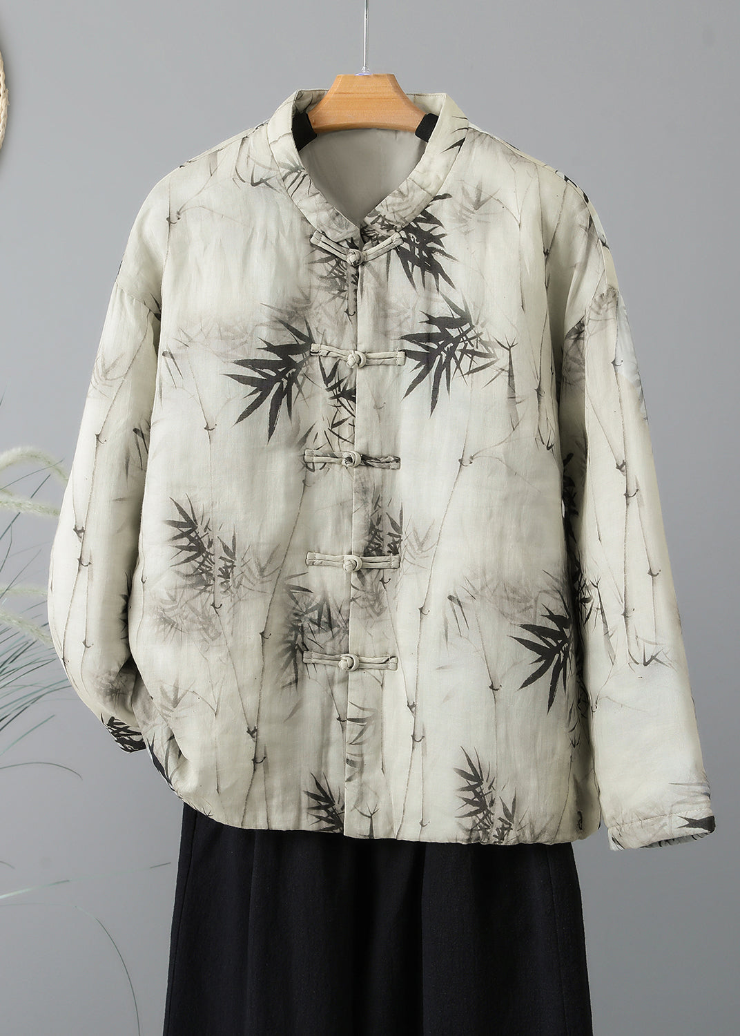 Stand Collar Print Oriental Button Fine Cotton Filled Coat Spring