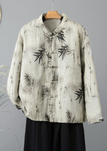 Stand Collar Print Oriental Button Fine Cotton Filled Coat Spring