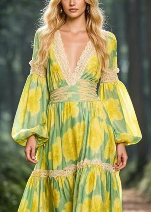 Yellow V Neck Print Patchwork Chiffon Maxi Dress Spring