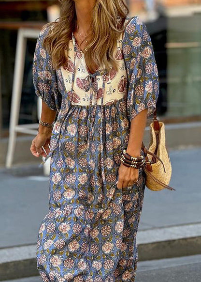 Blue Print Lace Up Cotton Vacation Dresses Summer