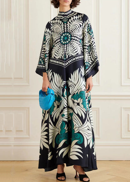 White Print Wear on Both Sides Silk Maxi Dresses Bracelet Sleeve